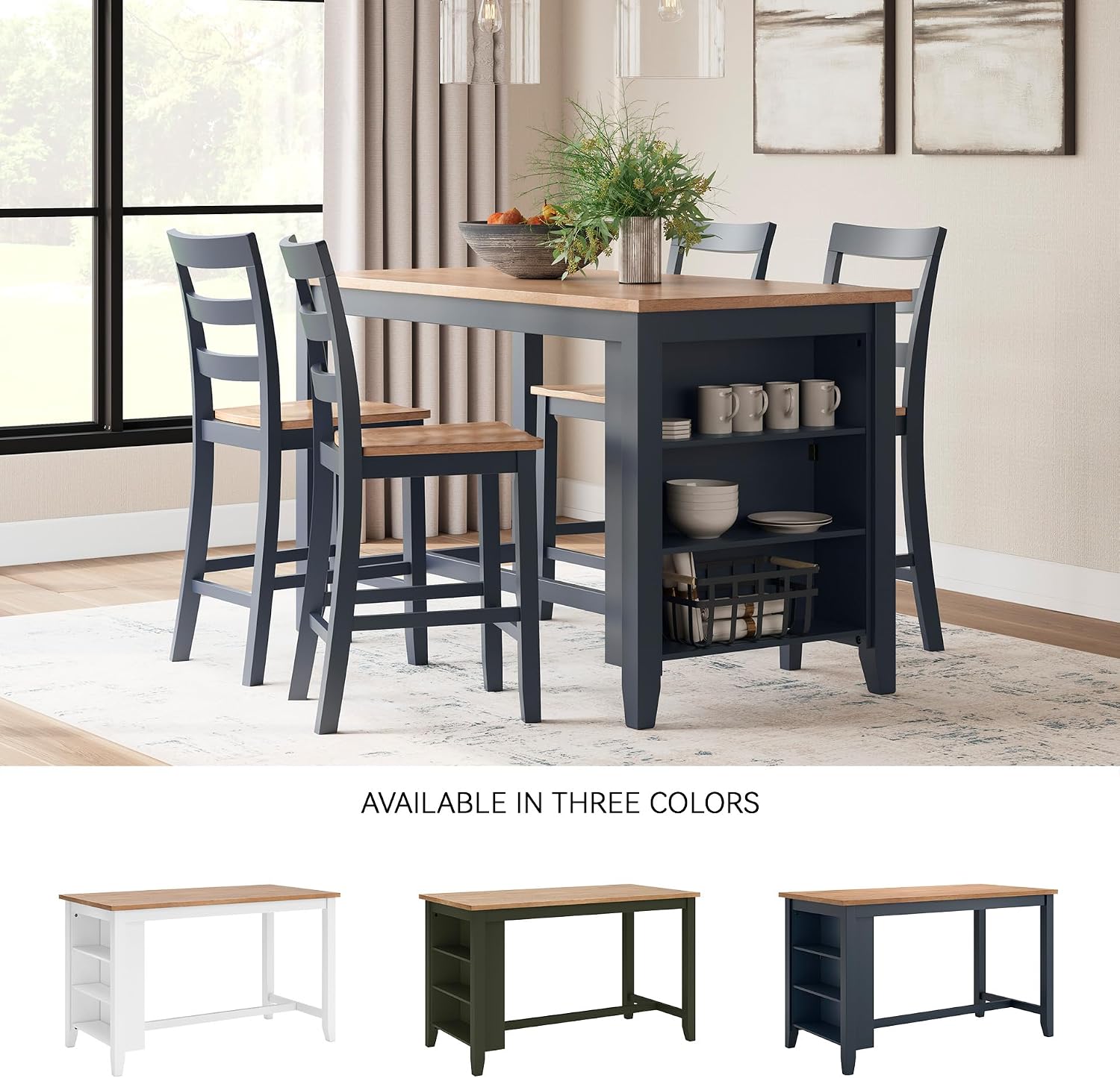 Signature Design by Ashley Gesthaven Modern Counter Height Dining Table with 3 Shelves and Trestle Base, Light Brown & Blue