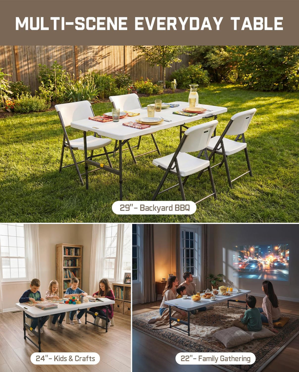 FanttikOutdoor 6ft Folding Table, 3 Heights, One-Handed Height Adjustment, Gravity Lock, Carry Handle, Indoor Outdoor Heavy Duty Fold-in-Half Portable Utility Table, Party, Granite White Zeta X6 Pro