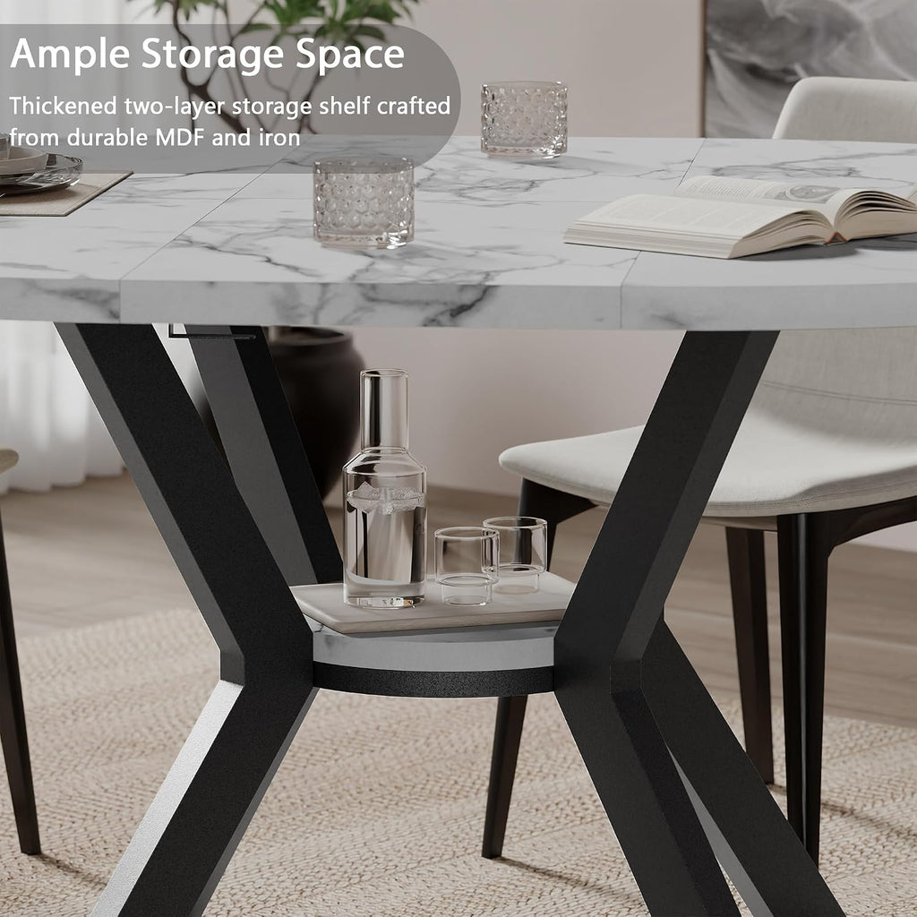 42'-58' Round Extendable Dining Table for 4-6, Kitchen Oval Table with Hidden Leaves & Storage Shelf, Space Saving Modern Design with Sturdy Metal Legs for Kitchen, Dining Room & Small Apartments