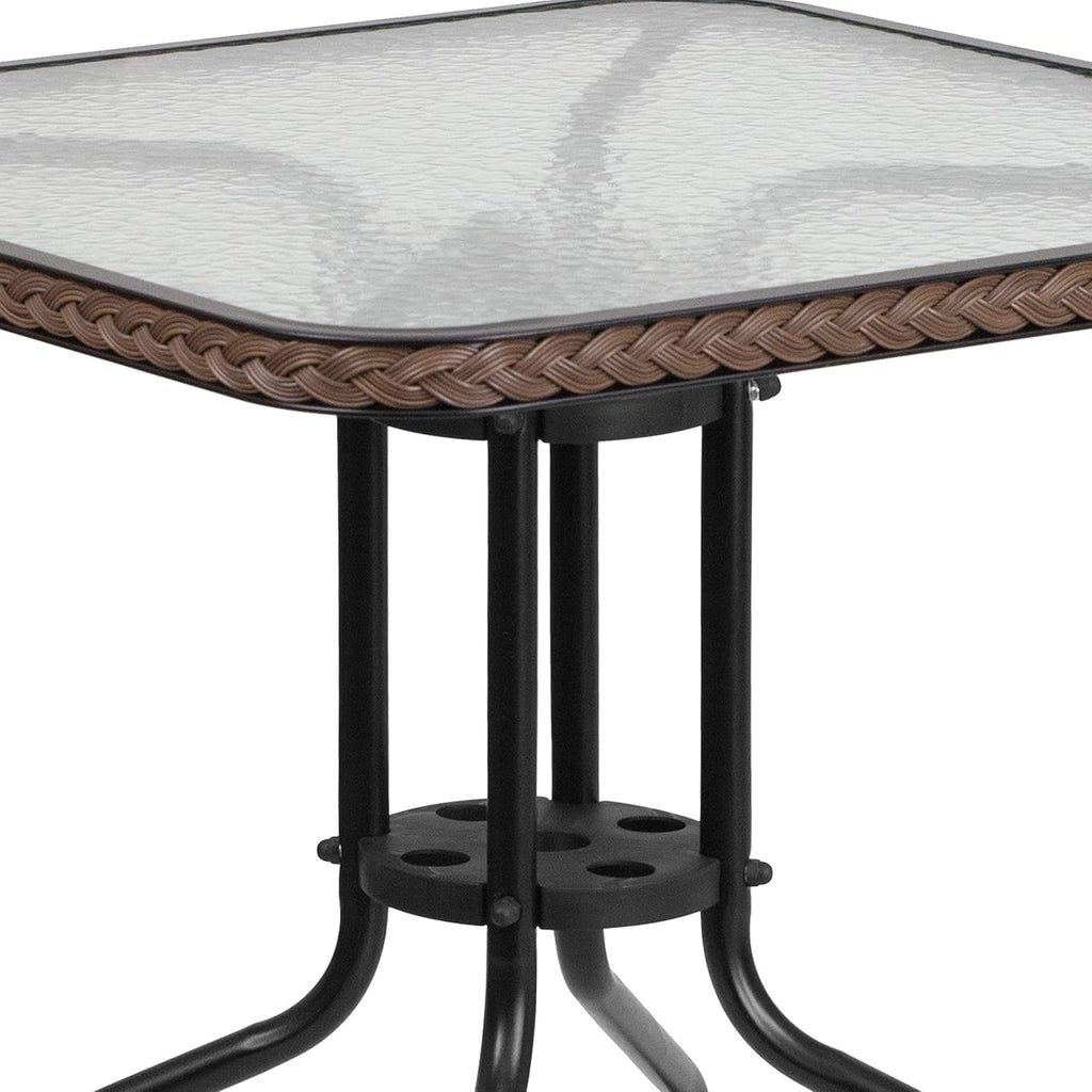 Flash Furniture Lila 3-Piece 28' Square Indoor/Outdoor Patio Table and Chairs Set, Glass Metal Bistro Table and 2 Stacking Rattan Chairs, Brown