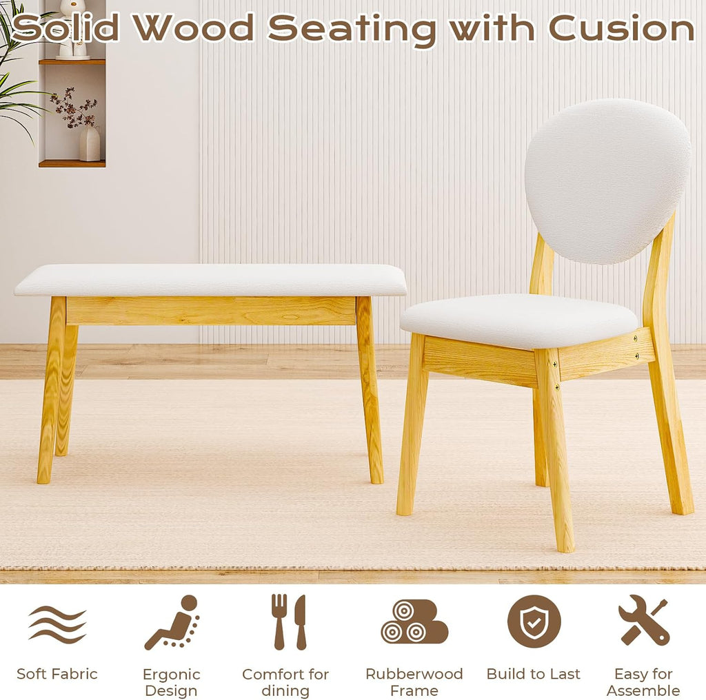 Karl home Dining Table Set for 4, w/ 2 Upholstered Chairs, Bench Seat, 4-Piece Dining Set, Compact Mid-Century Modern Kitchen Table and Chairs for Kitchen/Small Apartment, Solidwood, Nature