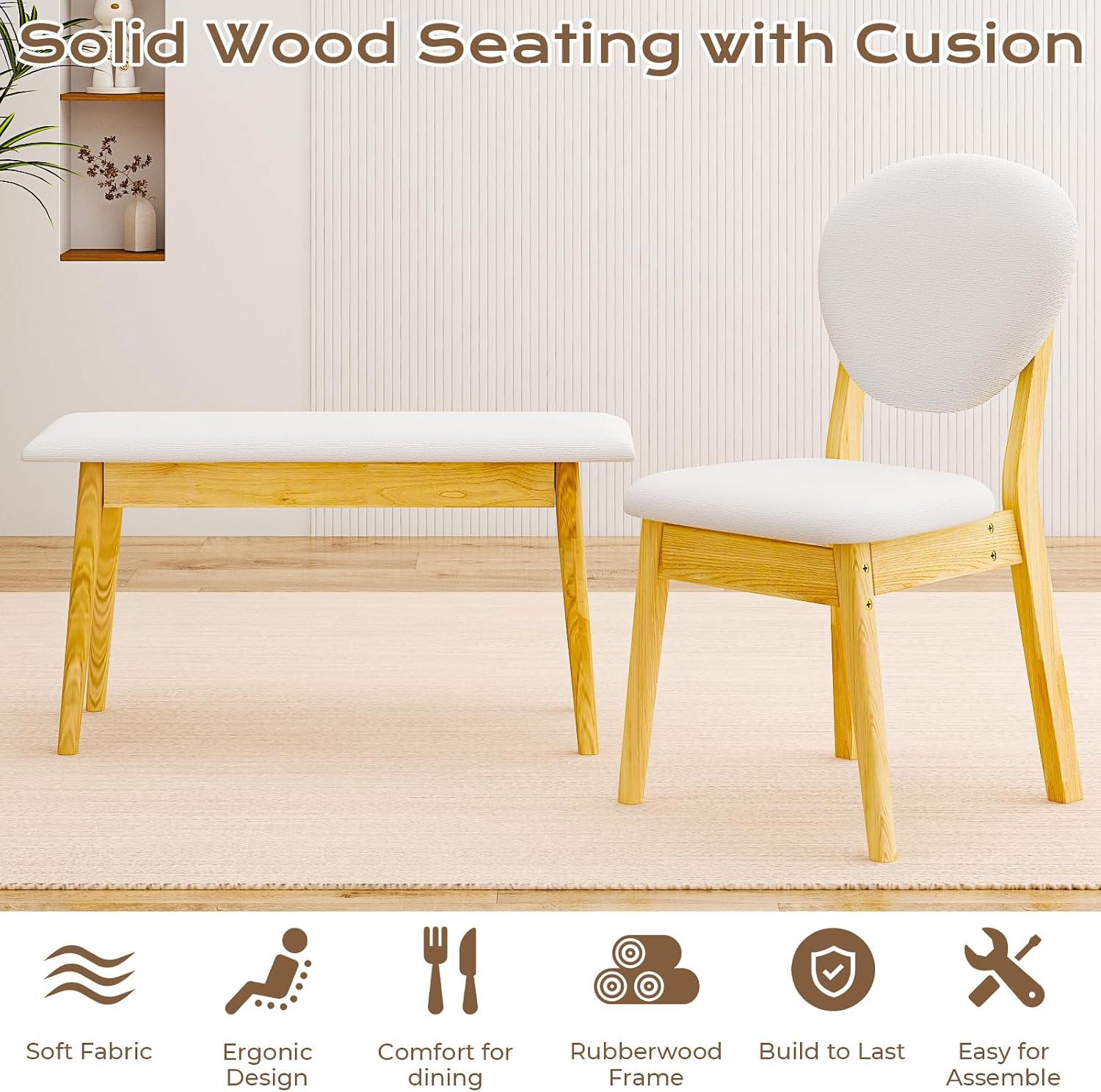 Karl home Dining Table Set for 4, w/ 2 Upholstered Chairs, Bench Seat, 4-Piece Dining Set, Compact Mid-Century Modern Kitchen Table and Chairs for Kitchen/Small Apartment, Solidwood, Nature
