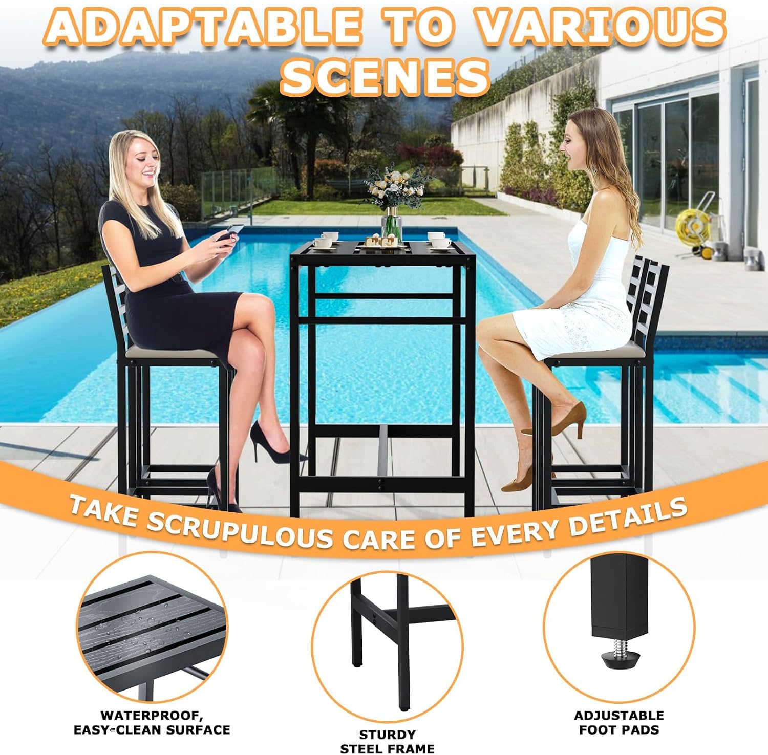 5 Piece Outdoor Patio Bar Set, 54.7' Rectangular Counter Height High Top Bar Tables, 4 Cushioned 41' Bar Stools, Metal Bar Table and Chairs Set for Poolside, Balcony, Backyard, Porch