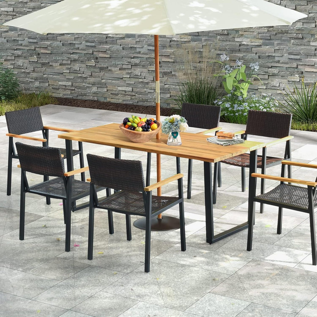 HAPPYGRILL Acacia Wood Dining Table for 6, Outdoor Patio Table with Metal Frame and 2 inch Umbrella Hole, 69 x 32 inch Rectangular Outdoor Table for Porch Balcony Garden