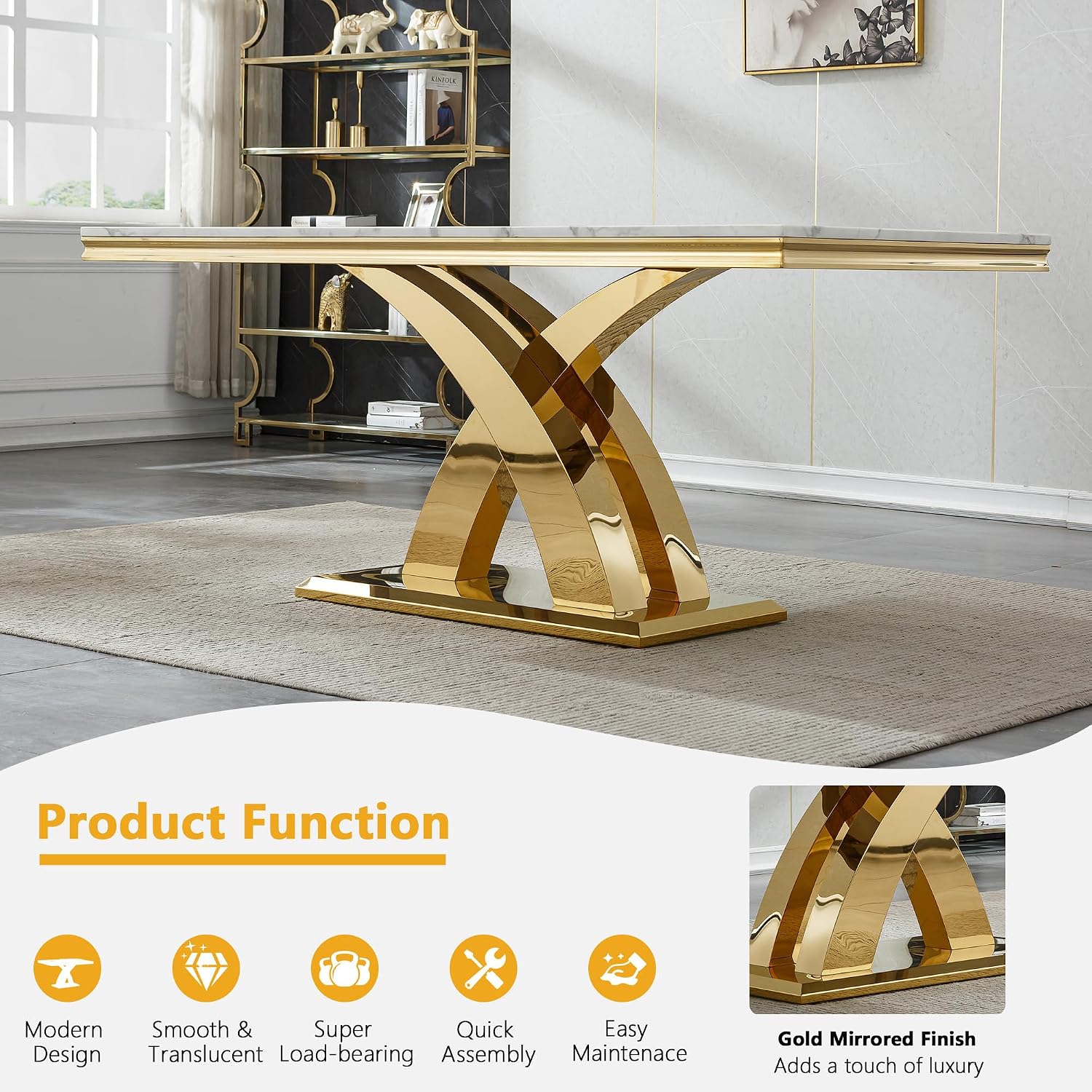 68' Luxury Rectangular Marble Dining Table for 4 to 6, White Faux Marble Kitchen Table with Gold X Shape Stainless Steel Pedestal, Modern Kitchen Dining Room Table for Breakfast Dinette Dinner Party