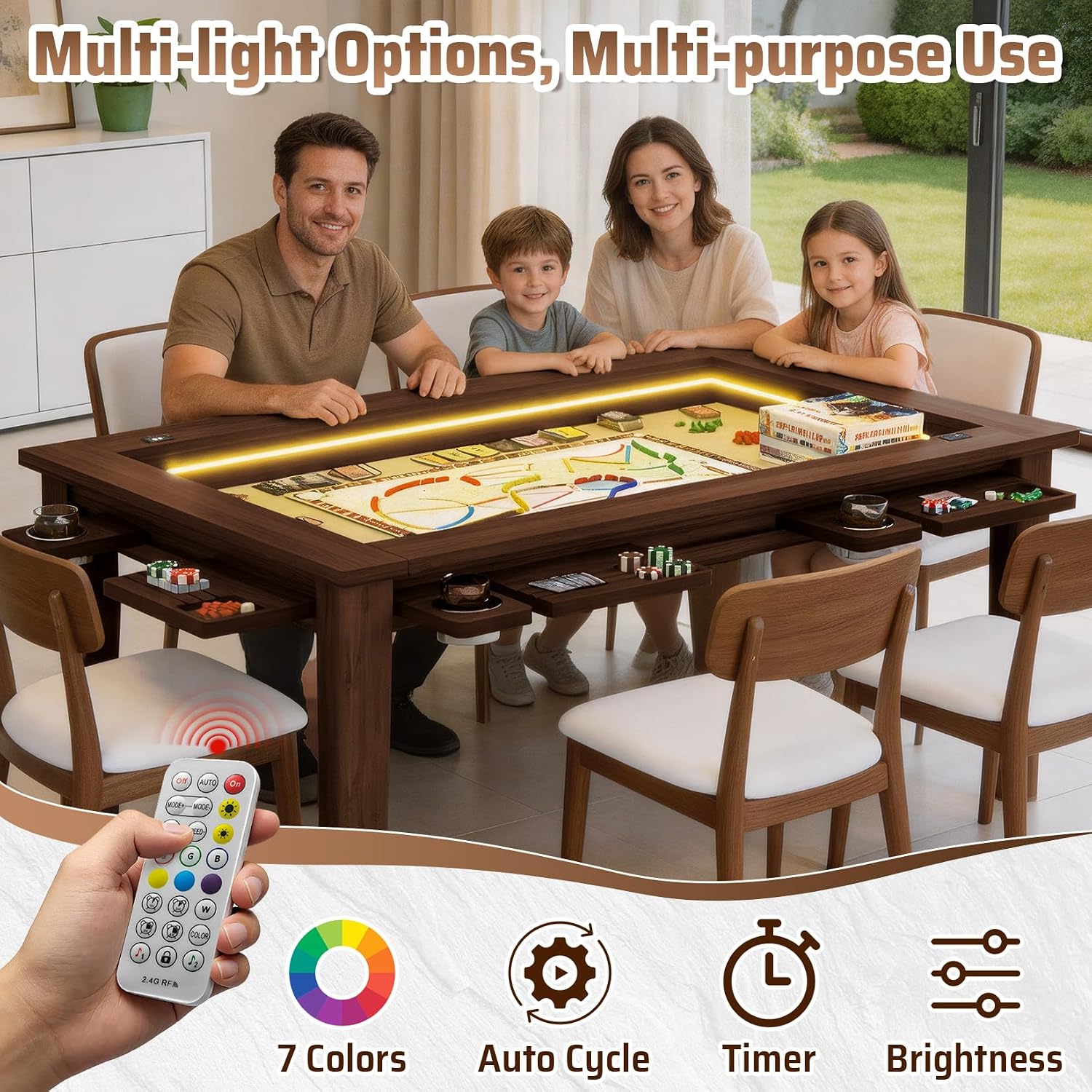 Haddockway Board Game Table with Adjustable Led Lights, 53.7in x 30.7in Play Area Removable Table Top Dining/Gaming Table with Charge Station, Play Mat, 6 Cup Holders & Trays (Black Walnut)