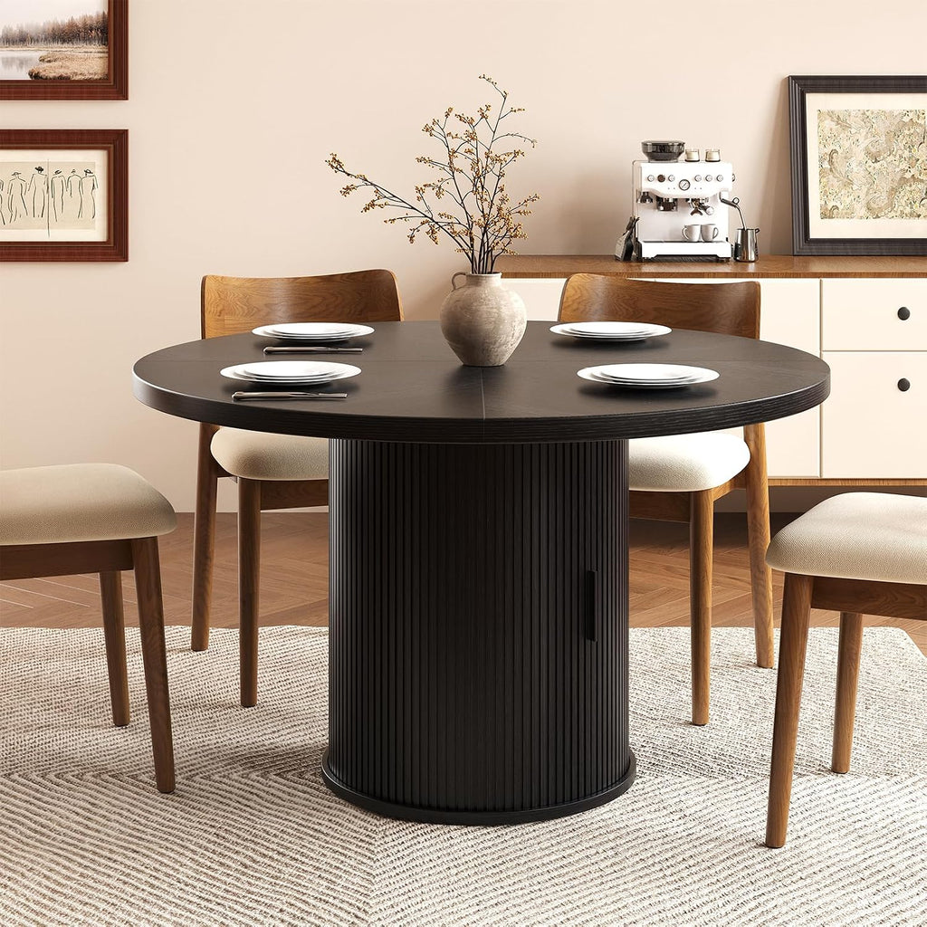 47 inch Round Dining Table for 4, Farmhouse Kitchen Table with 2-Layer Storage Shelf and Wood Slide Door Modern Dinner Table or Home Dining Room Living Room (Black)