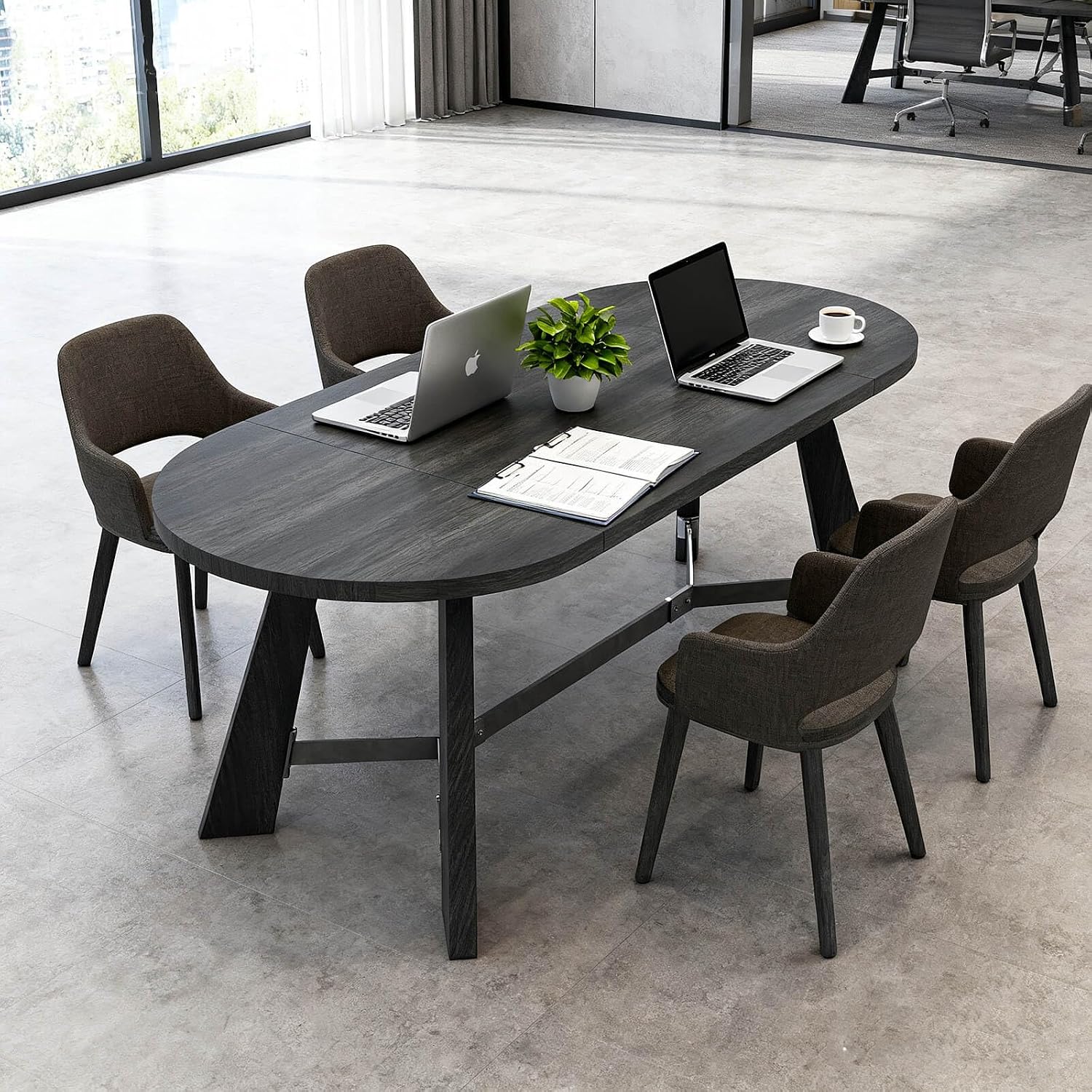 6FT Oval Conference Table, Rustic Black 70.86' W Meeting Table Fit 6-8 People, Modern Seminar Table Boardroom Desk for Office Meeting Conference Room