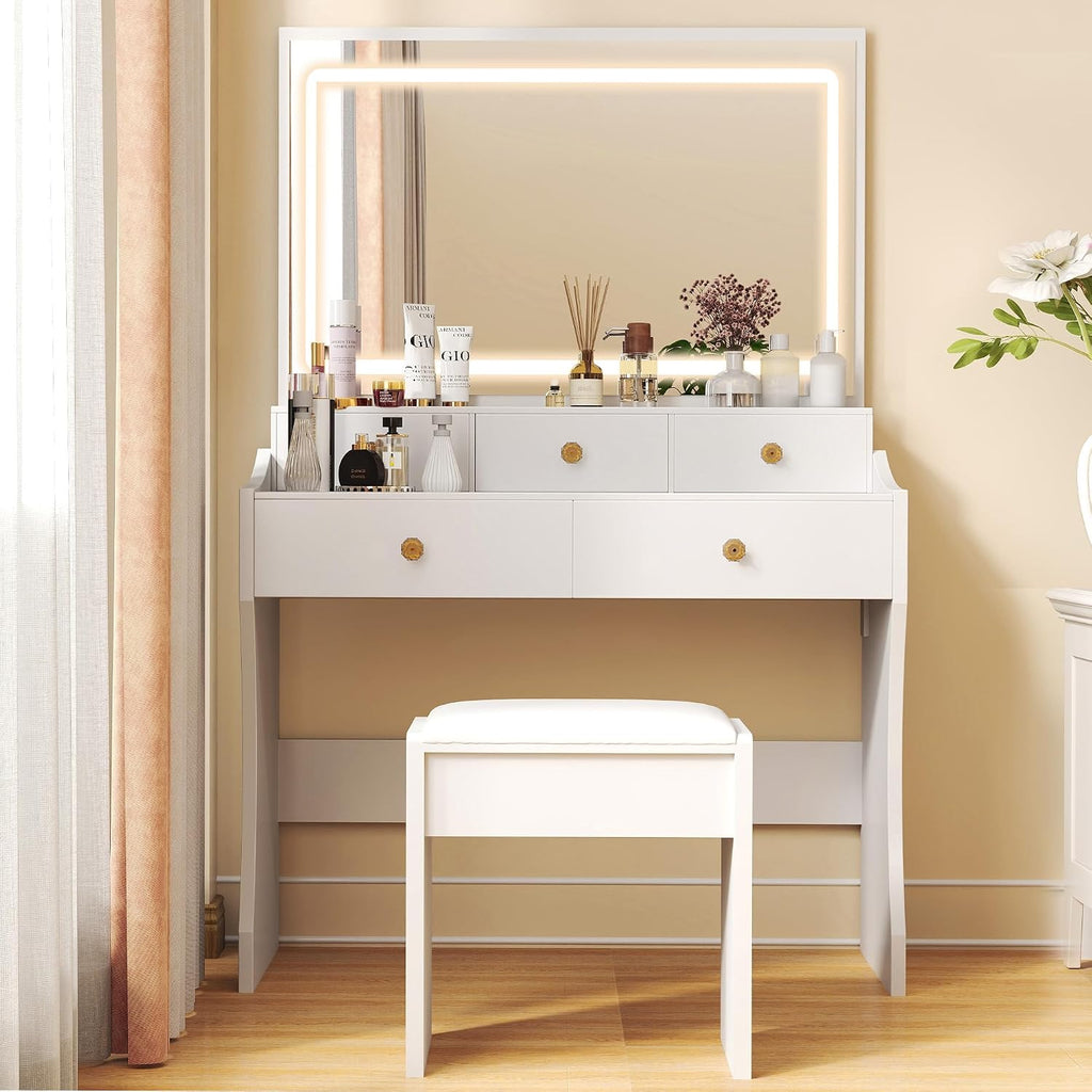 COMHOMA Makeup Vanity Desk with Mirror and Lights, Vanity Table and Chair Set with 5 Drawers and Charging Station, Bedroom Dresser LED Mirror Stepless Dimmable & 3 Color Modes Adjustable, Pearl White