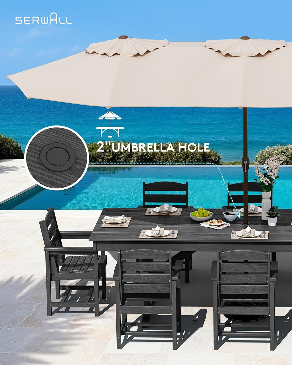 SERWALL 9 Piece Outdoor Dining Set, 84' HDPE Outdoor Table and Chairs for 8，All Weather Patio Dining Furniture Set with Umbrella Hole for Backyard, Garden, Black