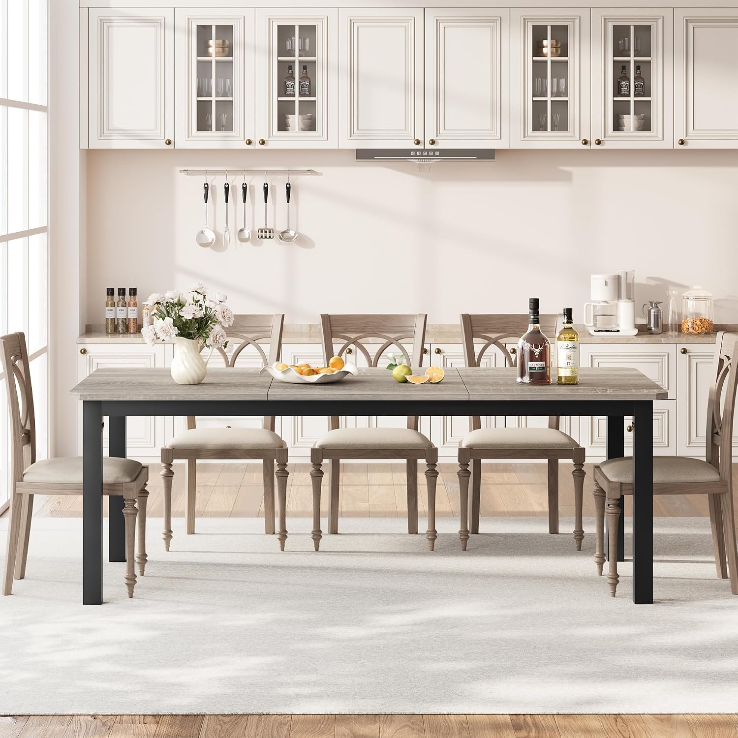 IDEALHOUSE 78.7' Long Rectangle Dining Table for 6-8 People, Industrial Wood Dinner Table (Only Table) (Light Grey)