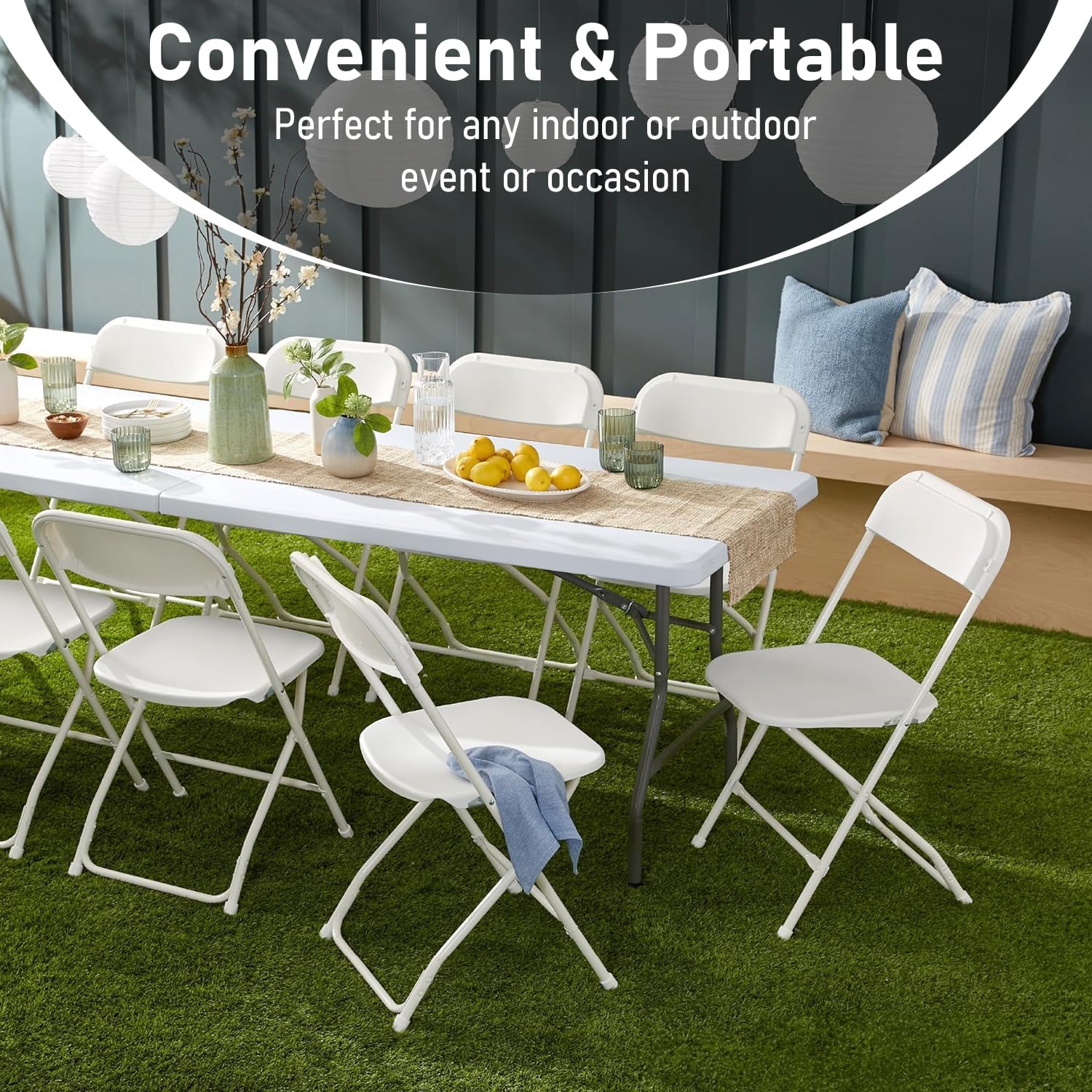 8FT Heavy Duty Folding Table,Fold-in-Half Portable Plastic Utility Table with Carry Handle&Locking Legs,Indoor Outdoor Table for Watch Party,Tailgate,BBQ,Camping,Events,Backyard Dining–White