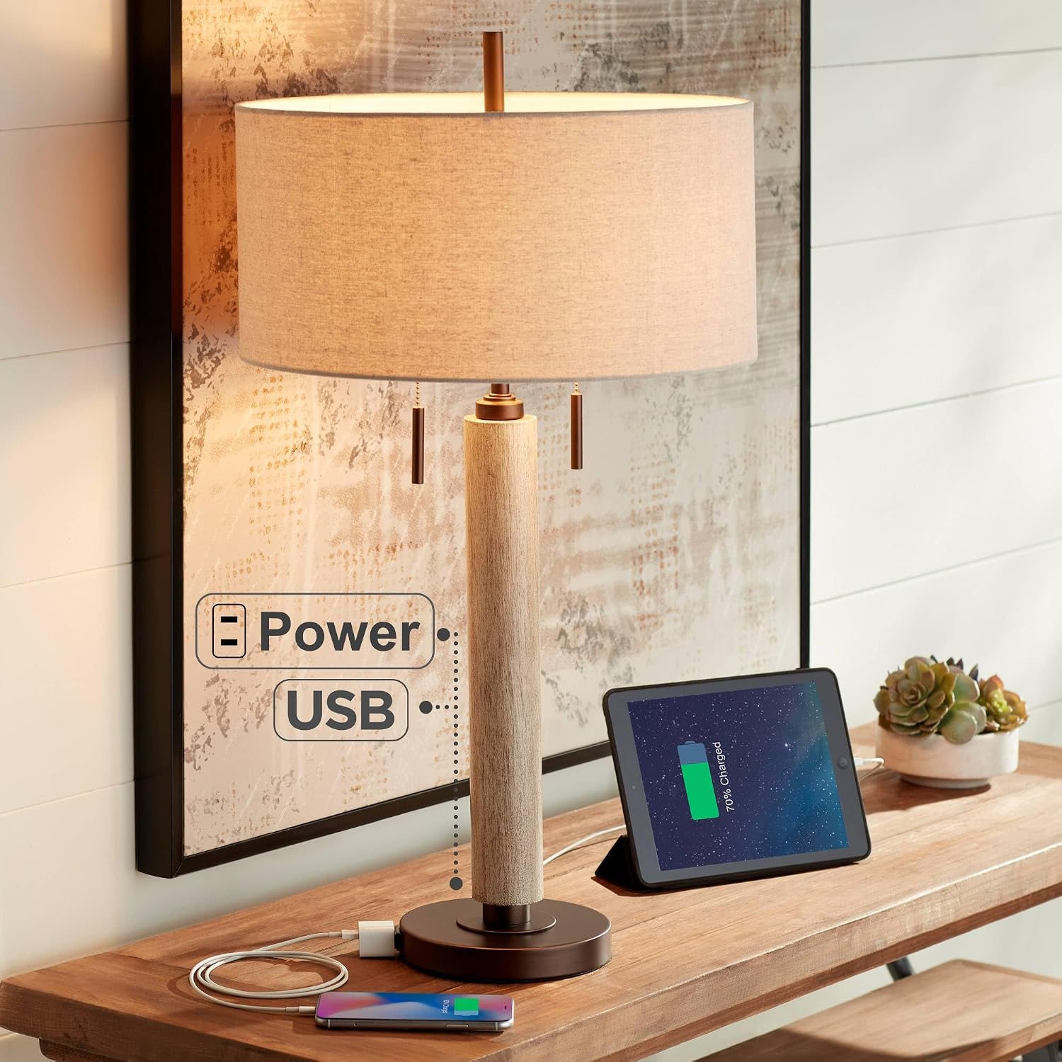 Franklin Iron Works Hugo 28 1/2' Tall Mid Century Modern Natural Cottage End Table Lamps Set of 2 USB Port Pull Chain White-Washed Wood Finish Oatmeal Shade Living Room Charging Bedroom Bedside