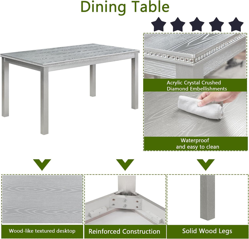 LUMISOL 6 Piece Wooden Dining Table Set, Rectangular Kitchen Table Set with 4 Upholstered Chairs and Bench for 6 People, Sliver Grey