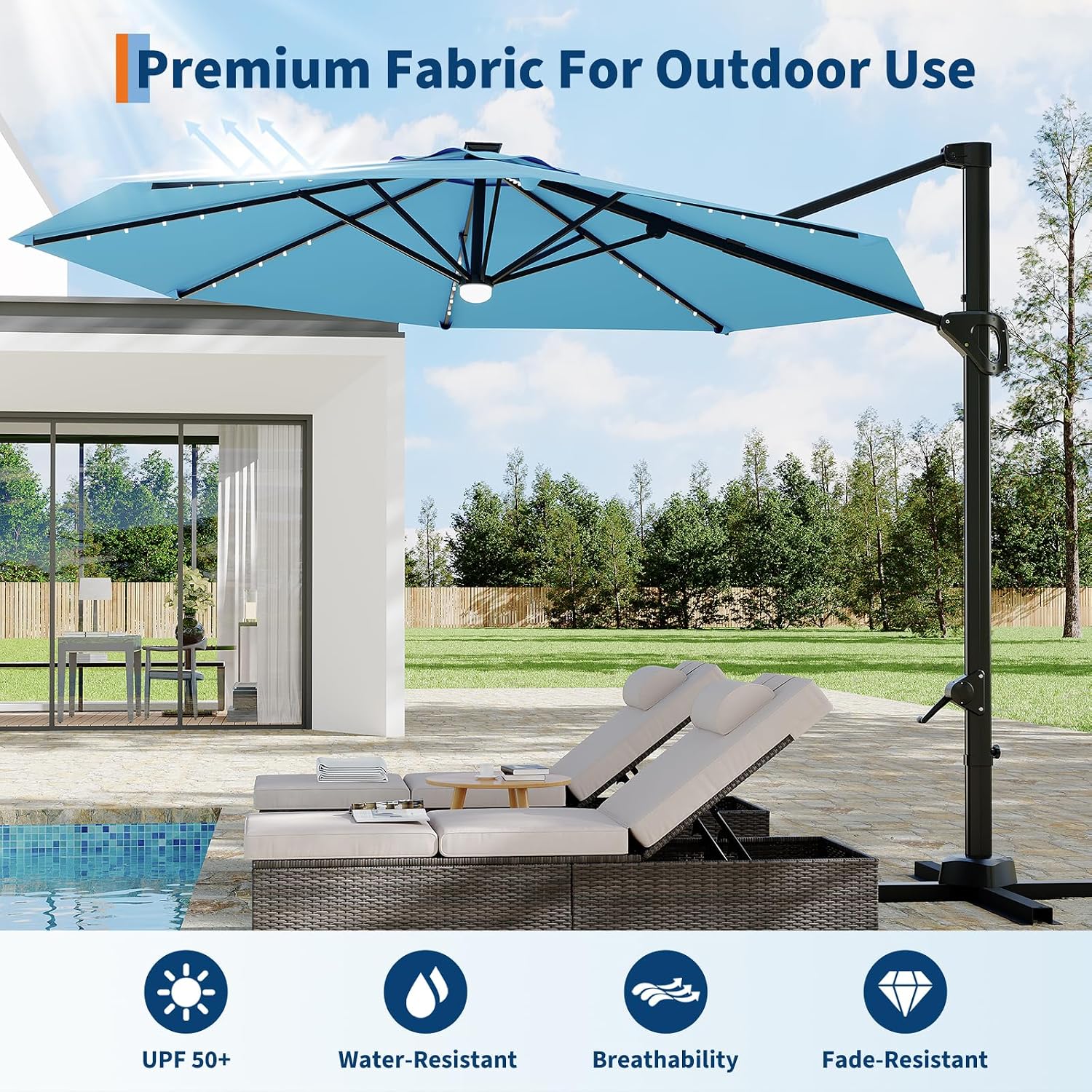 Garvee 10 ft Cantilever Patio Umbrella with Solar Lights, 360°Rotation Offset Umbrella, Easy Crank & Tilt Adjustment, UV Protection for Backyard, Poolside, Deck -Turquoise