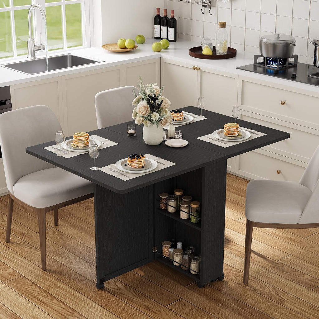 Garvee Folding Dining Table with Storage, Folding Kitchen Table with 6 Wheels, Drawer & Shelves, Compact Dining Table for Small Spaces