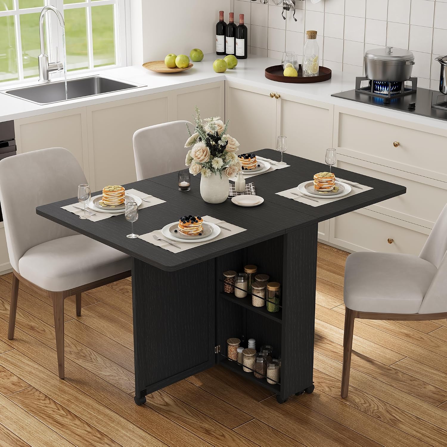 Garvee Folding Dining Table with Storage, Folding Kitchen Table with 6 Wheels, Drawer & Shelves, Compact Dining Table for Small Spaces
