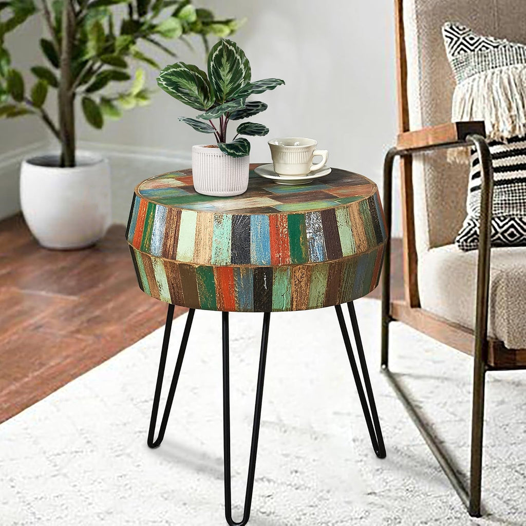 Multicolor Wood Round Drum Side Table 18.2'x18.2'x23.6'H Reclaimed Wooden Farmhouse Rustic Coffee End Table Vintage Accent Plant Stand Outdoor Living Room Bedroom Patio Home Decor