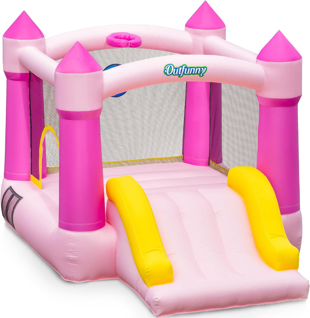 Outfunny Indoor Bounce House with Slide, Inflatable Bouncy House for Kids 3-8, Bounce Area 6'x6', Capacity 300 lb - Pink