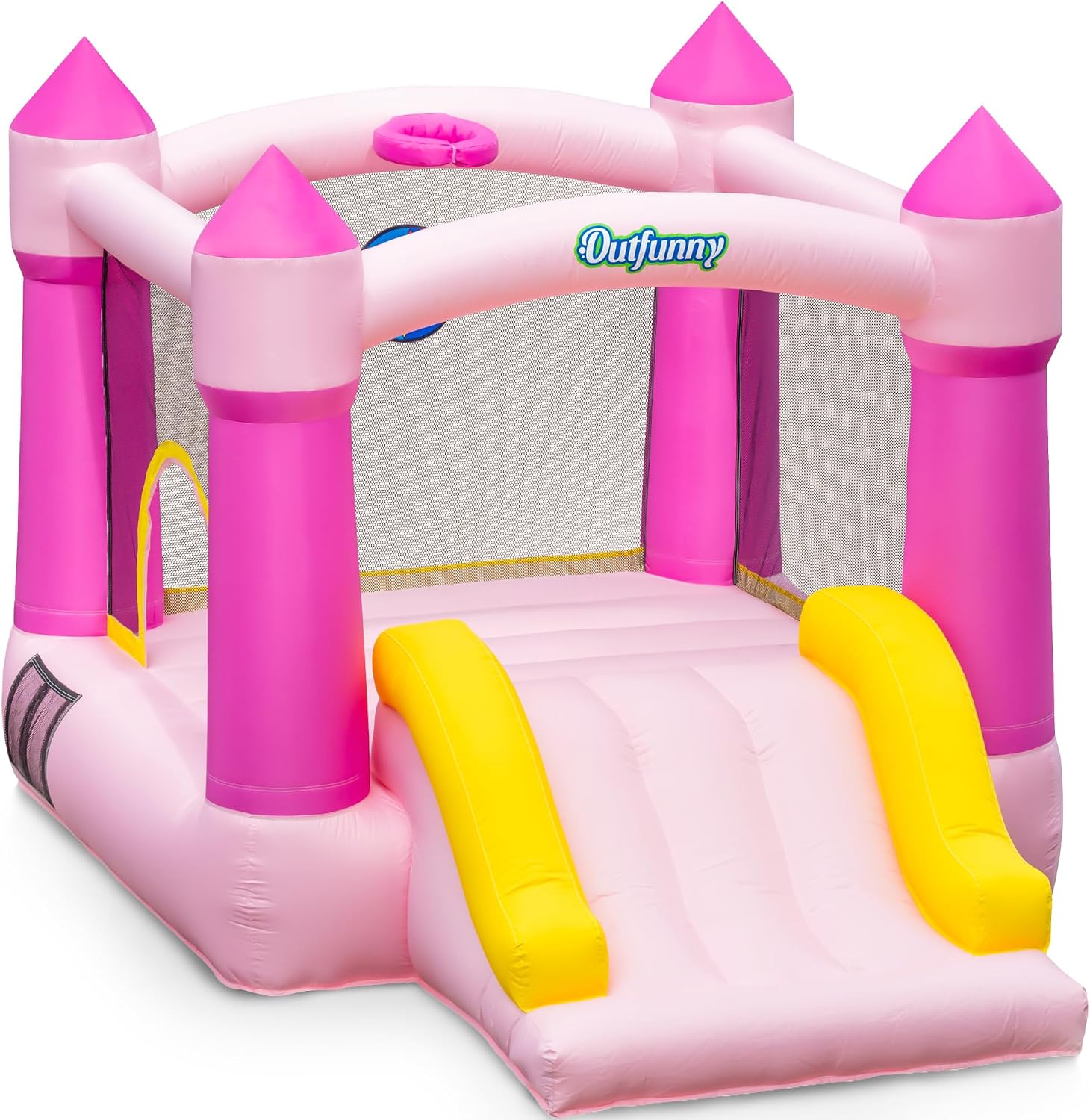 Outfunny Indoor Bounce House with Slide, Inflatable Bouncy House for Kids 3-8, Bounce Area 6'x6', Capacity 300 lb - Pink