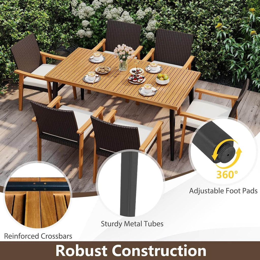 HAPPYGRILL Acacia Wood Outdoor Dining Table 63', 4-6 Person Rectangular Patio Table with Umbrella Hole and Solid Metal Frame, for Garden, Poolside, Backyard and Deck