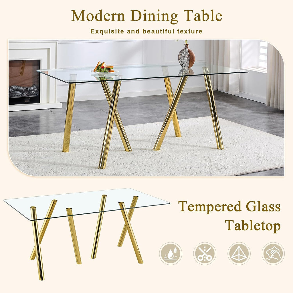 71' Glass Gold Dining Table for 4 6, Modern Kitchen Dining Room Table with 0.39' Thick Tempered Glass Tabletop and Metal Legs, Large Rectangle Dinner Tables for Home Kitchen Living Room