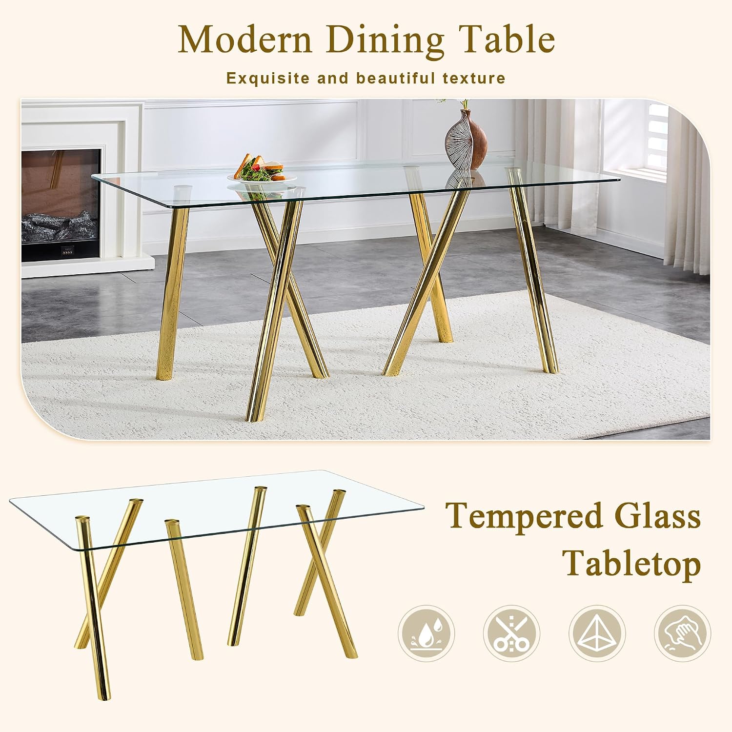 71' Glass Gold Dining Table for 4 6, Modern Kitchen Dining Room Table with 0.39' Thick Tempered Glass Tabletop and Metal Legs, Large Rectangle Dinner Tables for Home Kitchen Living Room
