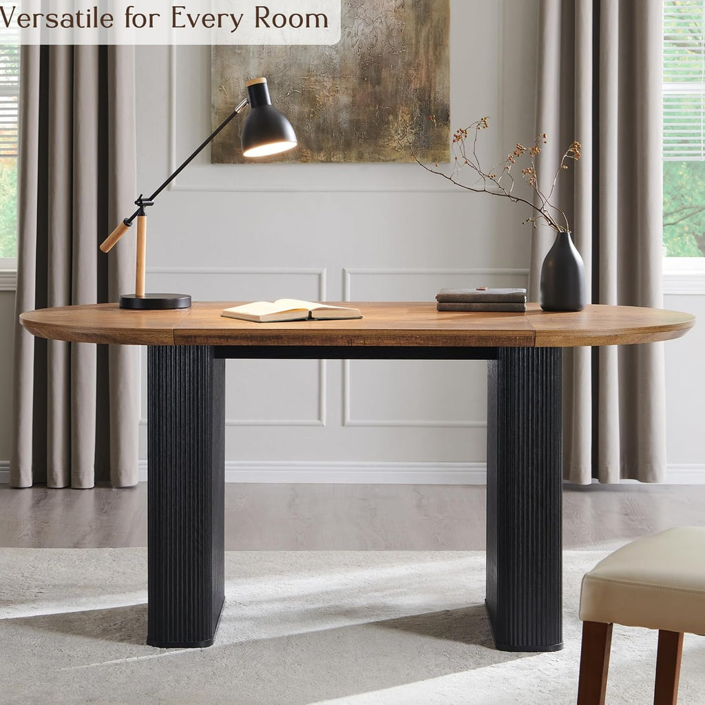 T4TREAM 63' Fluted Oval Dining Table for 4-6, Mid-Century Modern Kitchen Table with Thickened Edge & Strip Base, Wood Luxury Table for Dining Room/Kitchen/Home Office, Gold Brown&Black(Table Only)