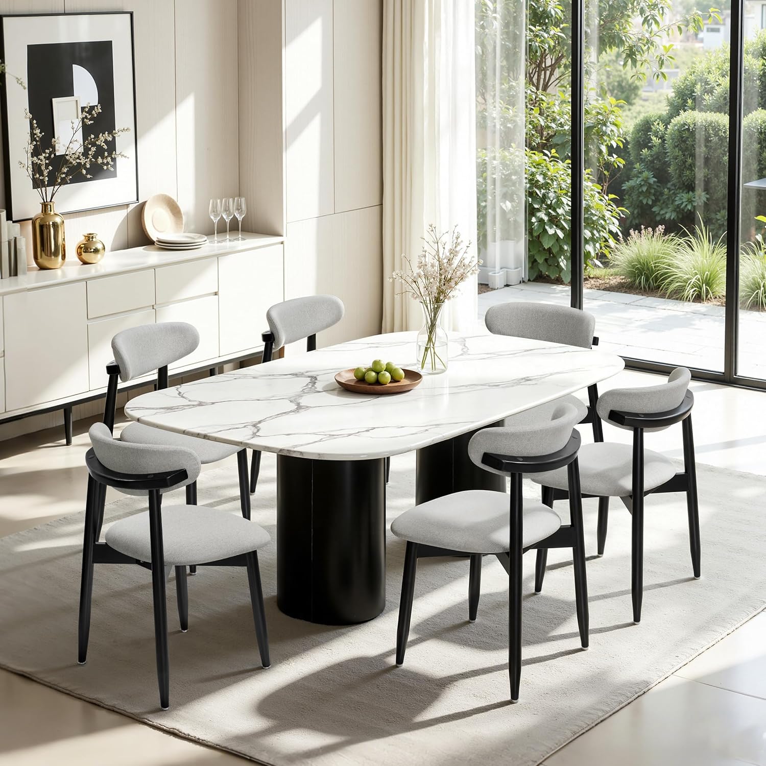 CHUN YI Dining Chairs Set of 4, Upholstered Solid Wood Dining Room Chairs, Mid Century Modern Fabric Kitchen Chairs with Ergonomic Curved Back, Gray (Only Chairs)