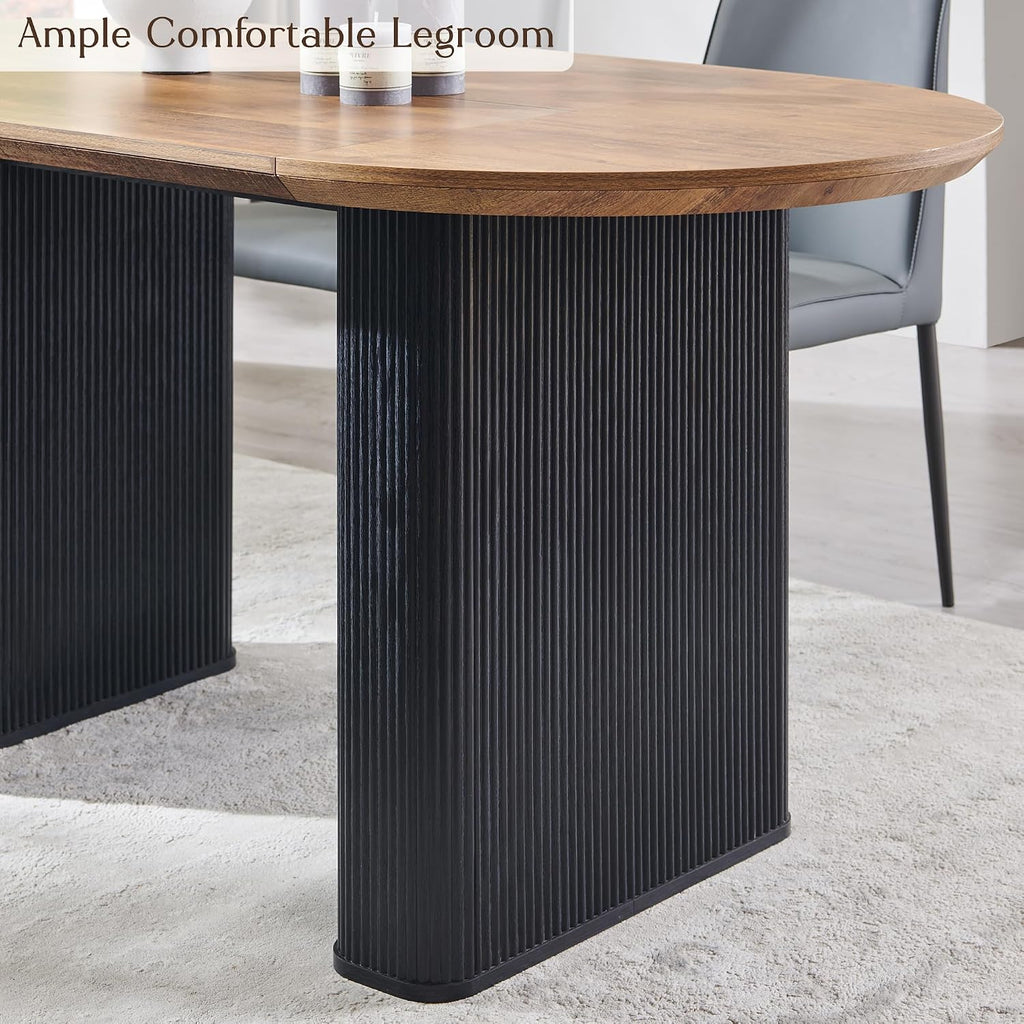 T4TREAM 63' Fluted Oval Dining Table for 4-6, Mid-Century Modern Kitchen Table with Thickened Edge & Strip Base, Wood Luxury Table for Dining Room/Kitchen/Home Office, Gold Brown&Black(Table Only)