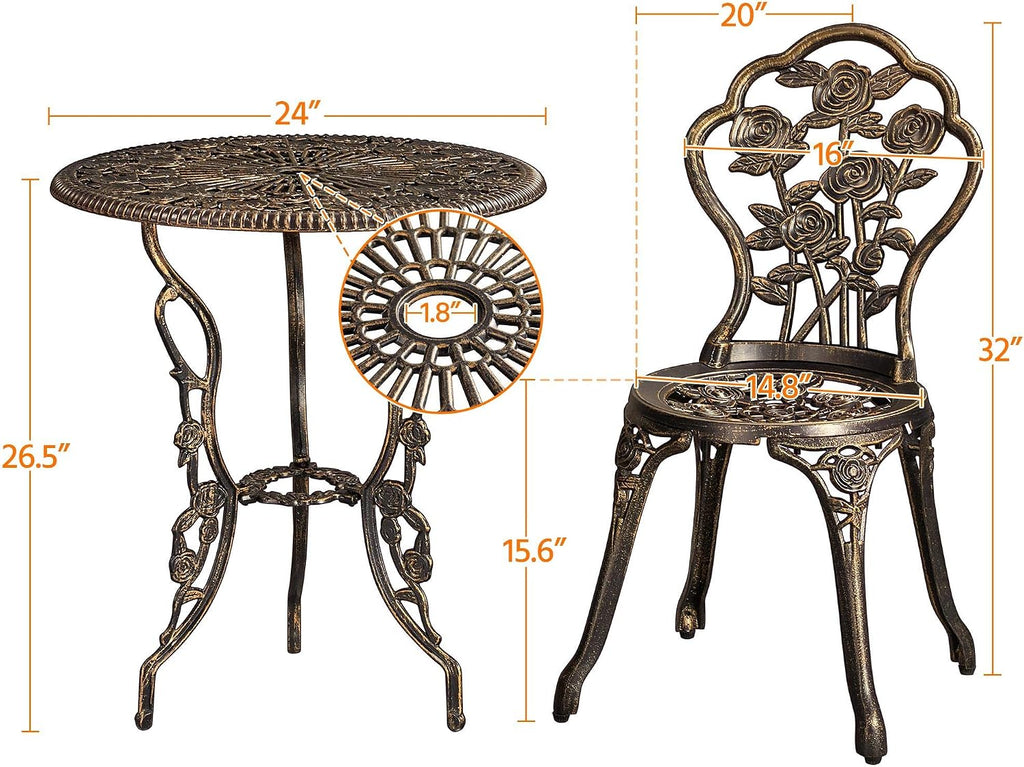 Yaheetech 3-Piece Outdoor Bistro Set w/Rose Design, Rust-Resistant Cast Aluminum Table and Chairs w/Umbrella Hole for Balcony Backyard Garden - Bronze