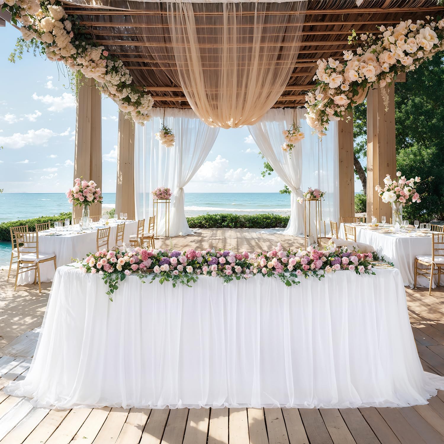 White Table Cloths 8 Foot Rectangle Stretch Ruffle Tulle Tablecloth Spandex Fitted Table Cover for 8 Foot Tables White Tulle Table Skirts Rectangle Tables 8ft Elastic Party Wedding Table Cloths 4Pack