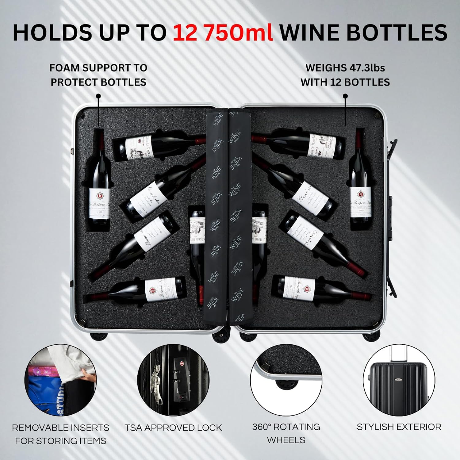 Wine Suitcase for Airplanes 12 Bottle Aluminum Wine Luggage for Airplane Travel with TSA Approved Lock & Removable Insert, Black Hard Shell Case with Expensive High-Strength Aluminum Protection Frame