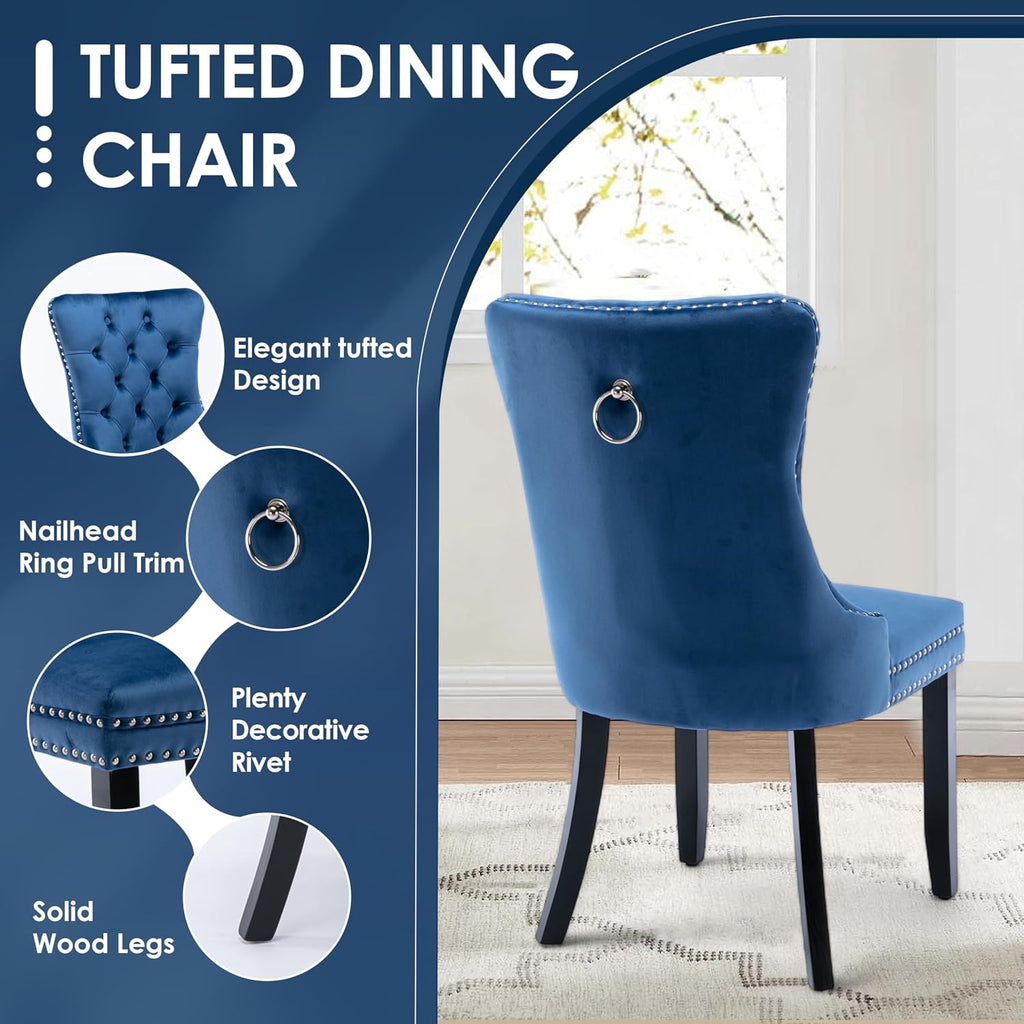 Modern Luxury Round Glass Dining Set for 4, 5 Pcs Small Minimalist Circle Kitchen Table Set, 36'' Clear Circular Glass Top Dinner Room Set, Blue High-end Tufted Chairs, for Apartment (Black)