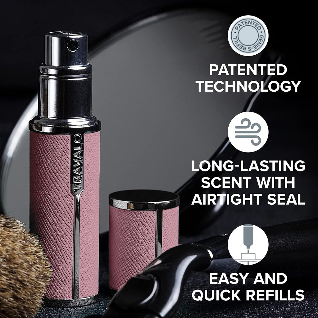 Travalo Milano Perfume Atomizer Bundle - Leak-Proof and TSA Approved for Air Travel - Reusable, Easy Fill Mini Pump Sprayer - Vegan Leather w/Polished Metal - White, Aqua, Perfect Pink - 3 Pack