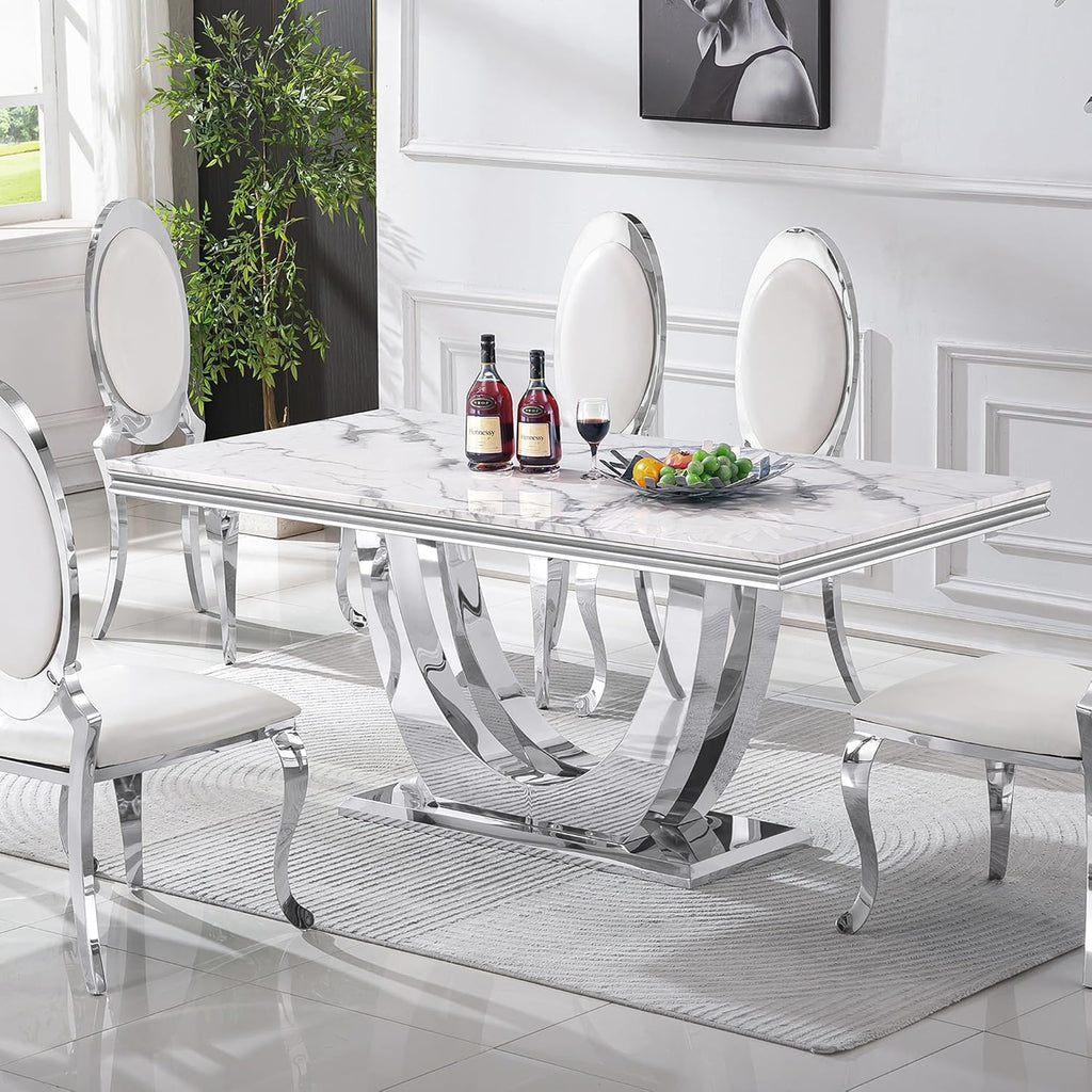 70' White Faux Marble Rectangular Dining Table, Luxury Kitchen Dinner Table for 6-8, Mid Century Modern Design with Silver Stainless Steel U Pedestal