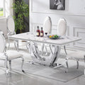 70' White Faux Marble Rectangular Dining Table, Luxury Kitchen Dinner Table for 6-8, Mid Century Modern Design with Silver Stainless Steel U Pedestal