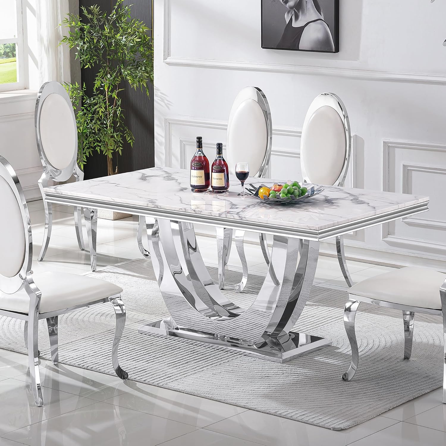 70' White Faux Marble Rectangular Dining Table, Luxury Kitchen Dinner Table for 6-8, Mid Century Modern Design with Silver Stainless Steel U Pedestal