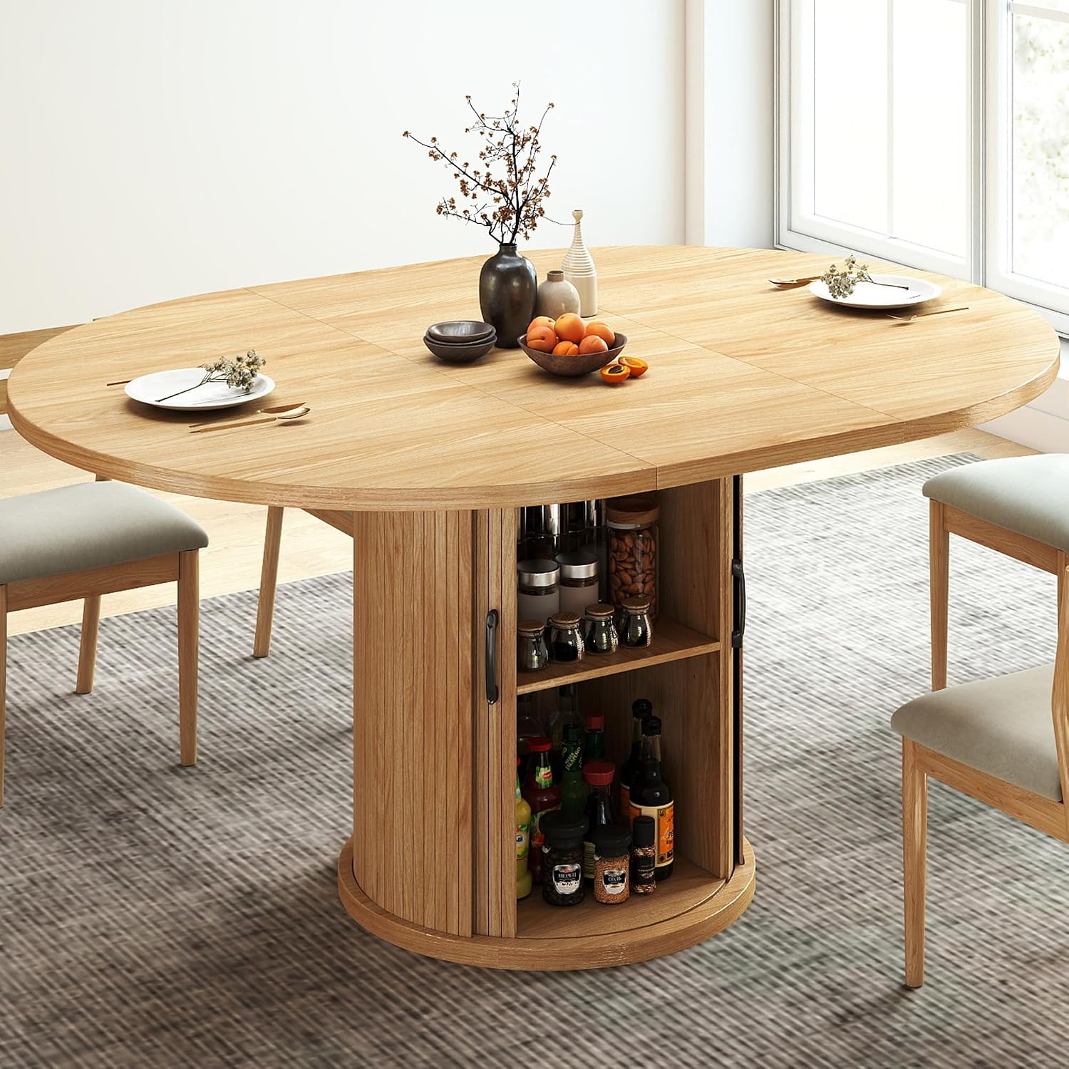 47.2'–63' Extendable Dining Room Table for 4-8, Round-to-Oval Expandable Dining Table with Dust-Proof 2-Tier Shelf, Space-Saving Wood Kitchen Table for Living Room, Oak