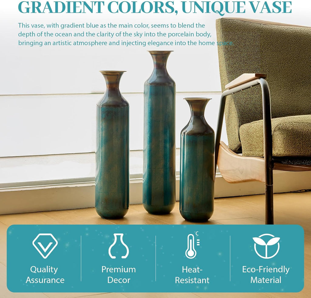 Floor Metal Decorated Vases Set of 3 for Gorgeous Home Decoration Large Glazed Metal Vases (Aqua Blue)