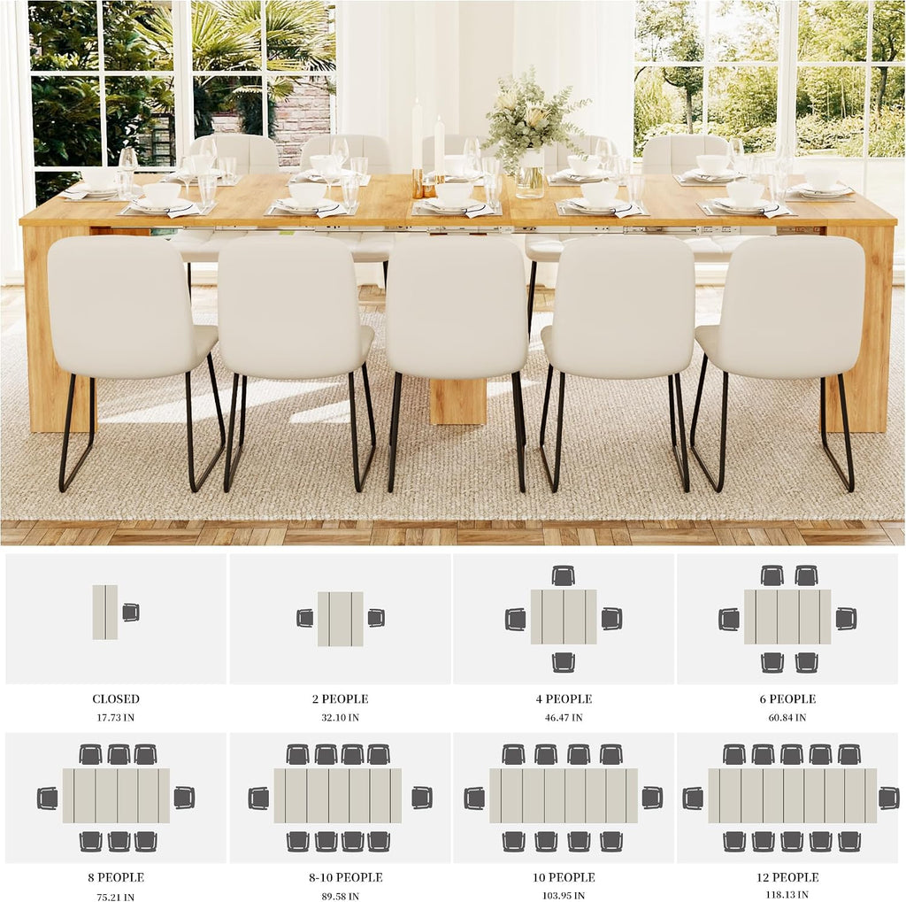 HIPIHOM 17.7'-118' Extendable Dining Table Set for 12, Extension Long Table Set with Extension Leaves Holder, Space-Saving for Meeting, Dining Room(Oak Table+10 U-Shaped White Chairs)