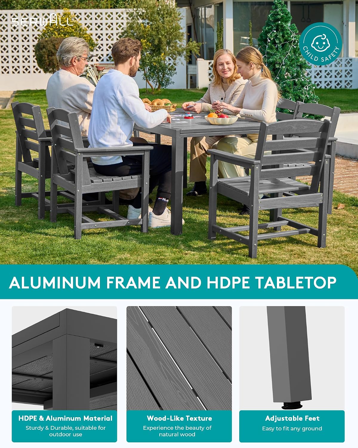 SERWALL 9-Piece Outdoor Dining Set, 60' - 83' Expandable Outdoor Dining Table and 8 HDPE Chairs, All Weather HDPE Outdoor Furniture Set for Backyard, Garden, Grey