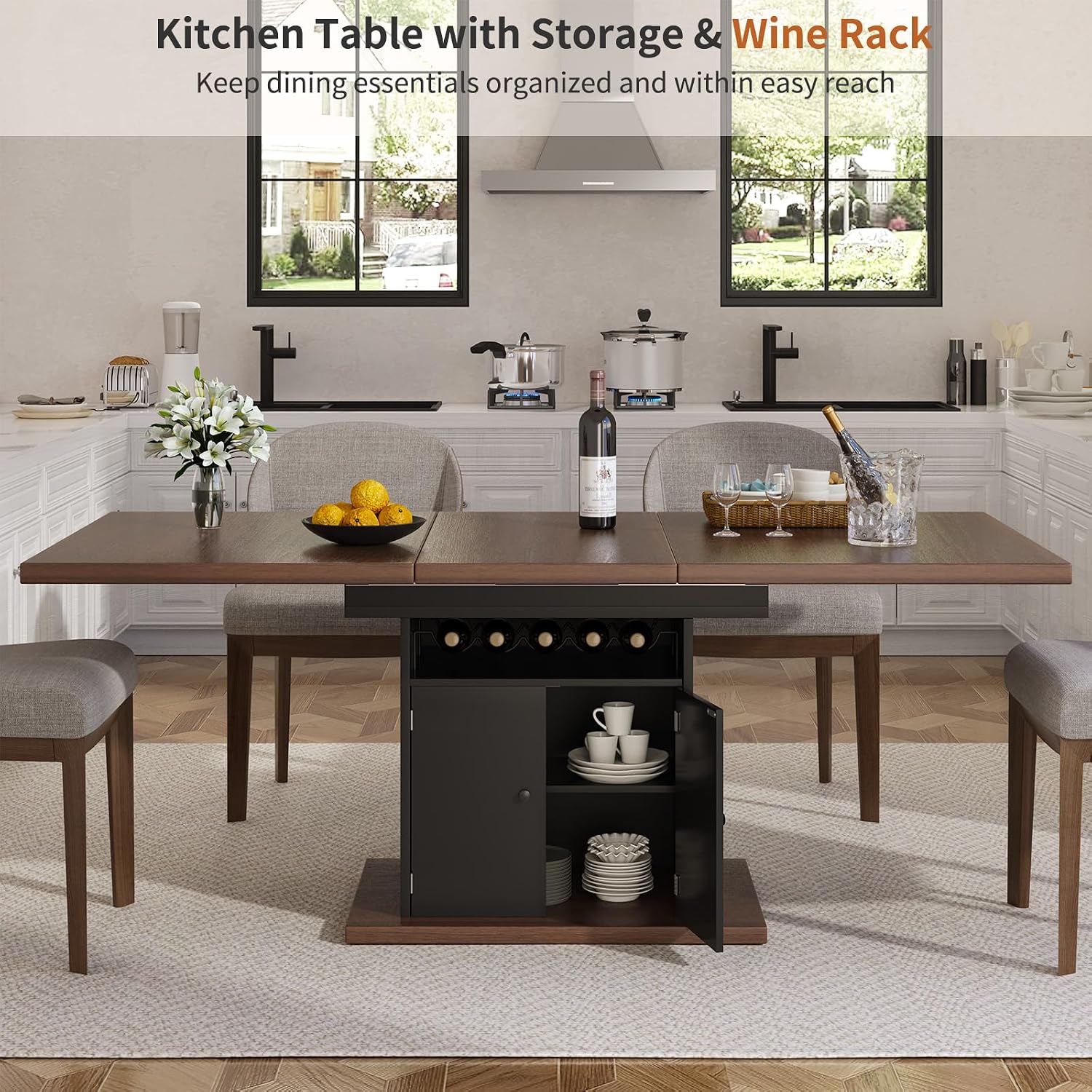 Extendable Dining Room Table for 4-6, 47-63 Inch Rectangle Kitchen Dining Table with Storage, Expandable Modern Rectangular Dinner Table for Kitchen, Dining Room, Black & Walnut