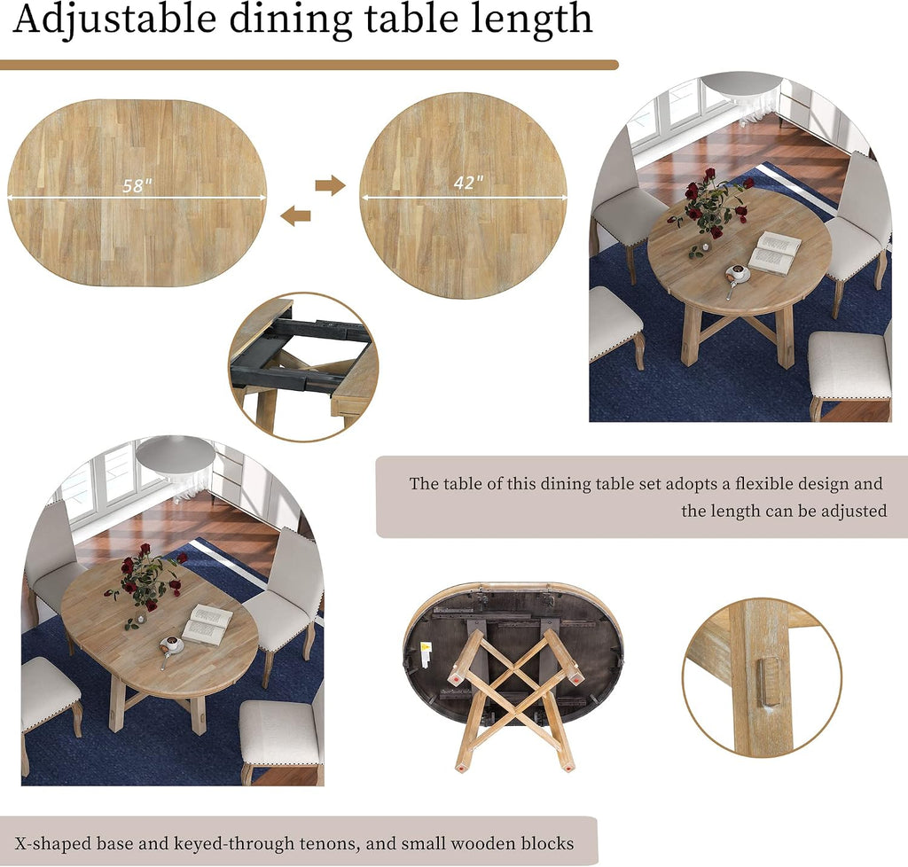 LUMISOL 42'-58' Extendable Round Dining Table for 4-8, Farmhouse Kitchen Table with Removable Leaf, Solid Wood Oval Dinner Tables for Kitchen, Dining Room, Living Room, Natural