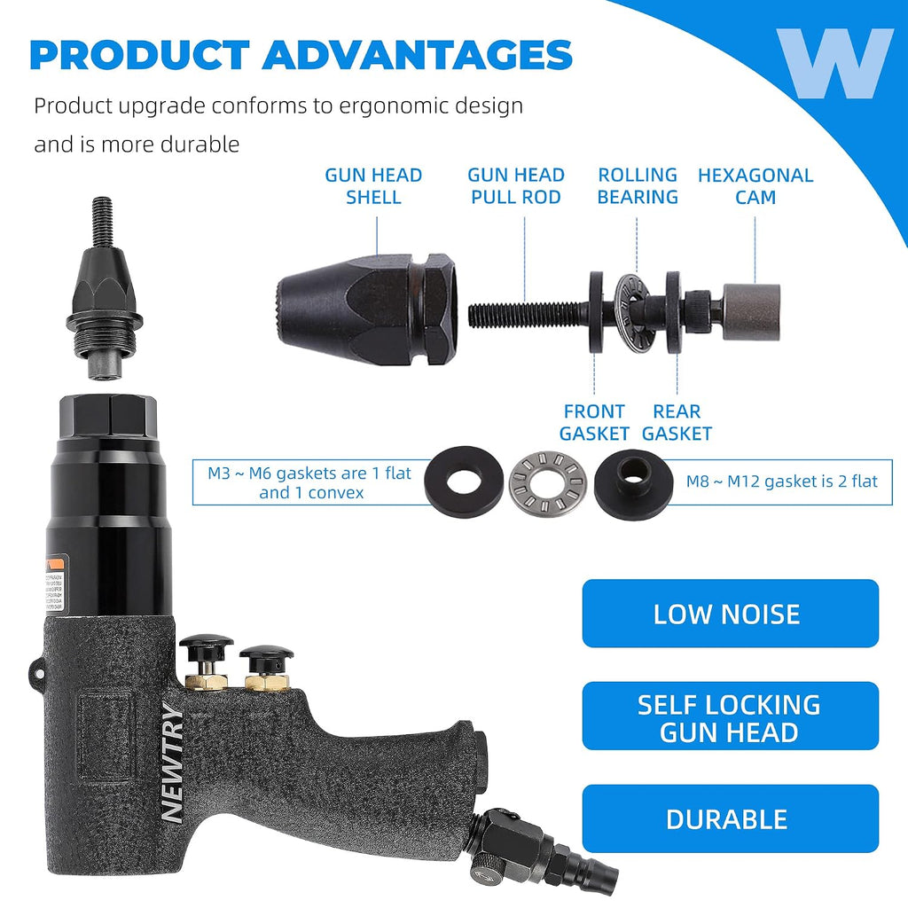 NEWTRY 1300rpm Air Rivet Nut Gun Pneumatic Riveter Riveting Tool Kit with Self-locking Head for 13/64, 5/32 Nut (6065 gun with M4, M5 head)