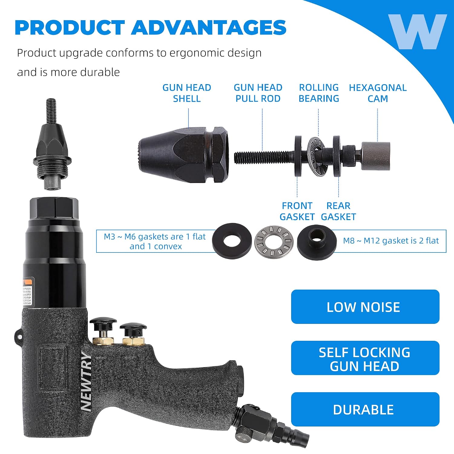NEWTRY Air Rivet Nut Gun Pneumatic Riveter Riveting Tool Kit with Self-locking Head for 1/4,5/16,25/64 Nut (6108 with M6.M8,M10 head)