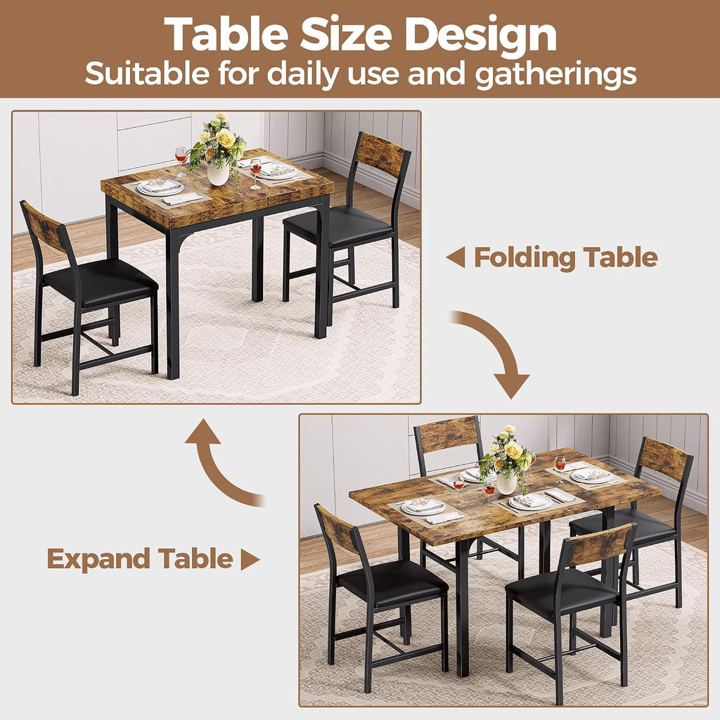 IRONCK 5-Piece Dining Table Set for 4, Extendable Kitchen Table Chairs Set of 4, Dining Room Table with 4 Upholstered Chairs, Folding for Small Space, Apartment, Rustic Brown