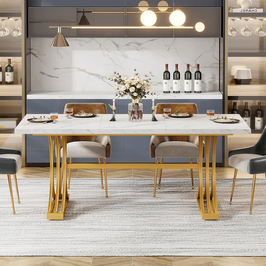 Tribesigns 63-Inch Rectangular Dining Table for 4 to 6, Modern Kitchen Tables with Stylish Metal Trestle Legs, Large Dinner Tables for Dining Room, Only Table (White+Gold)