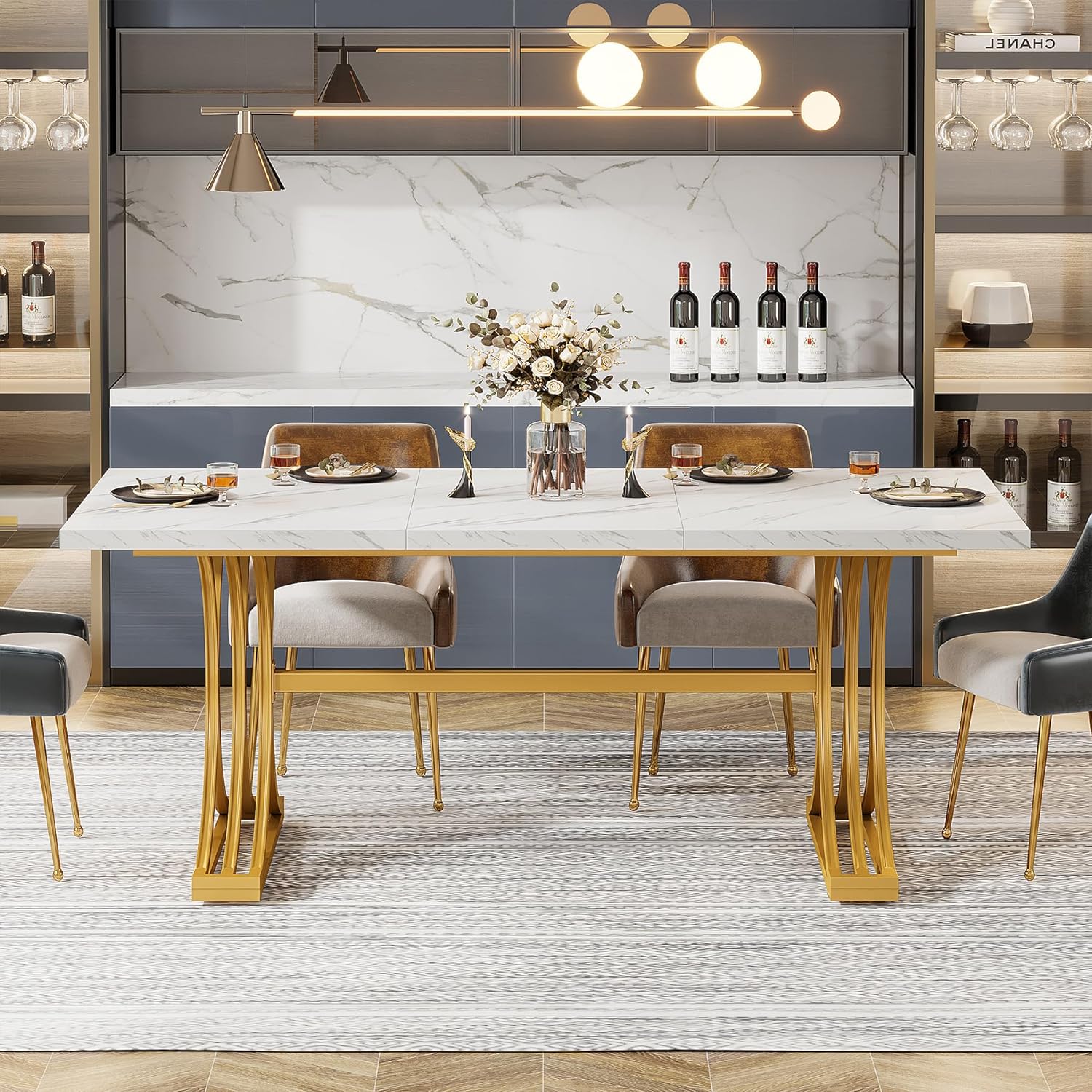 Tribesigns 63-Inch Rectangular Dining Table for 4 to 6, Modern Kitchen Tables with Stylish Metal Trestle Legs, Large Dinner Tables for Dining Room, Only Table (White+Gold)