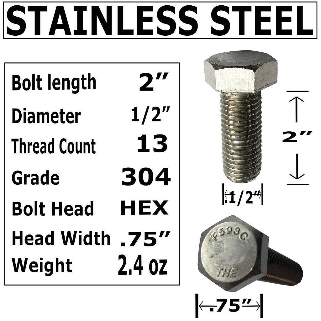1/2' - 13 x 2-304-STAINLESS Steel Bolts, Nuts & WASHERS - 18-8 HEX Head Bolt - 304 Grade. General Purpose Bolts + Nuts + Washers - Full Thread Tap Bolts (100)